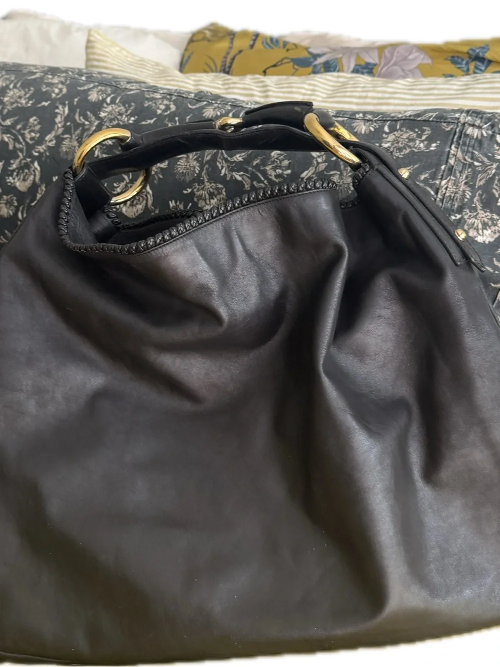 Gucci Black Leather Hobo with Gold Rings